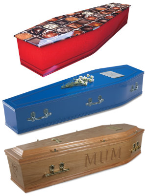 A montage photograph of our themed wooden coffins